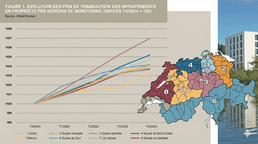 Figure 1 : Évolution des prix de transaction des appartements en copropriété par région Monitoring (indices T4/2014 = 100), Source : Wüest Partner